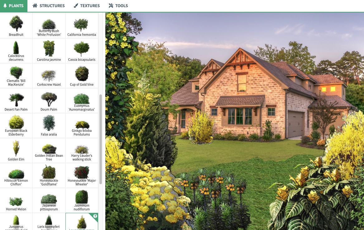 Zrzut ekranu aplikacji pokazujący wybór roślin i widok ogrodu