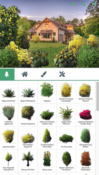 Zrzut ekranu aplikacji mobilnej pokazujący wybór roślin i widok ogrodu
